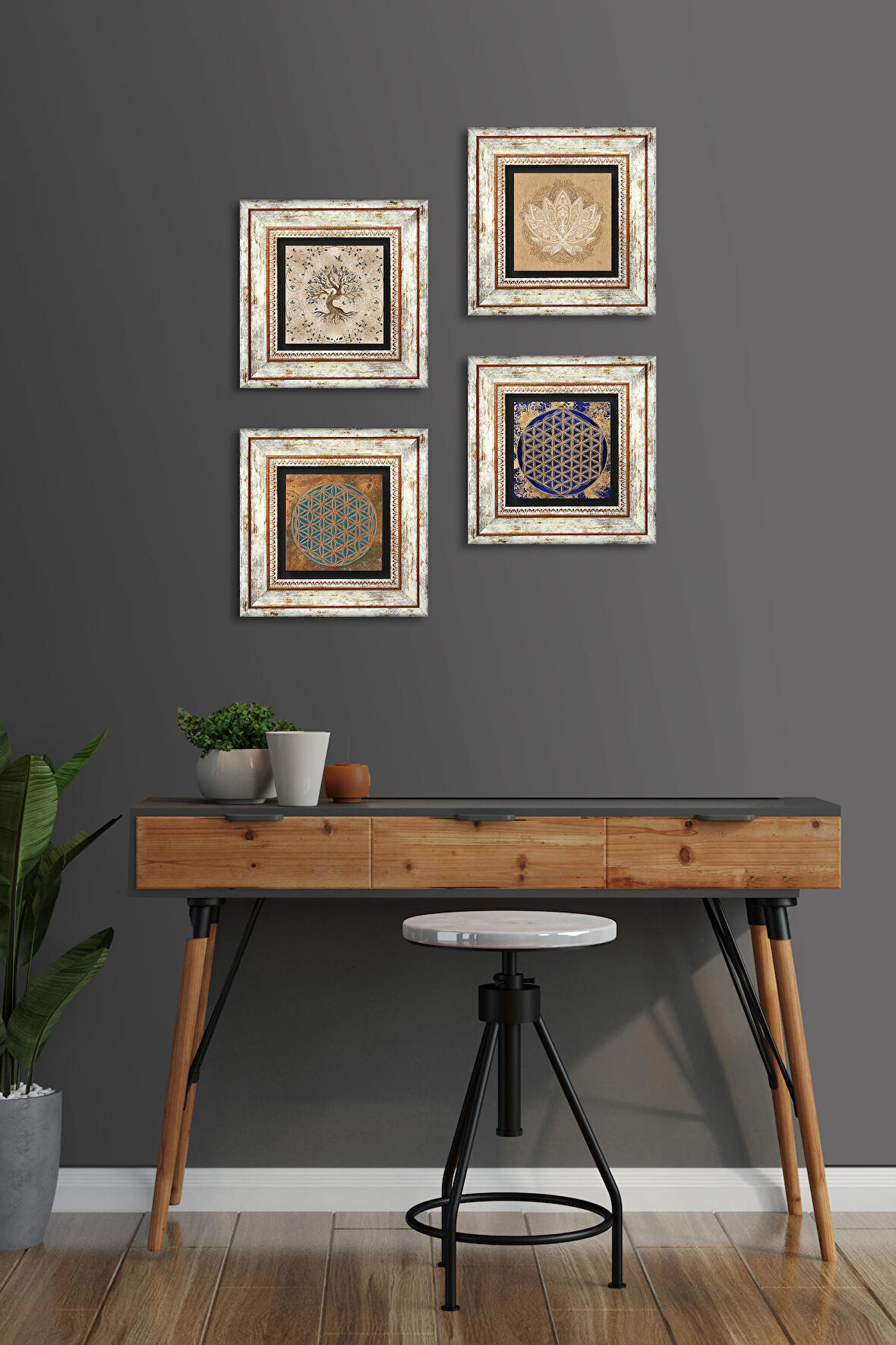 Lotus Çiçeği, Yaşam Çiçeği, Hayat Ağacı Taş Duvar Tablosu Çerçeveli Duvar Dekoru 4 Parça Tablo Seti Wall Art