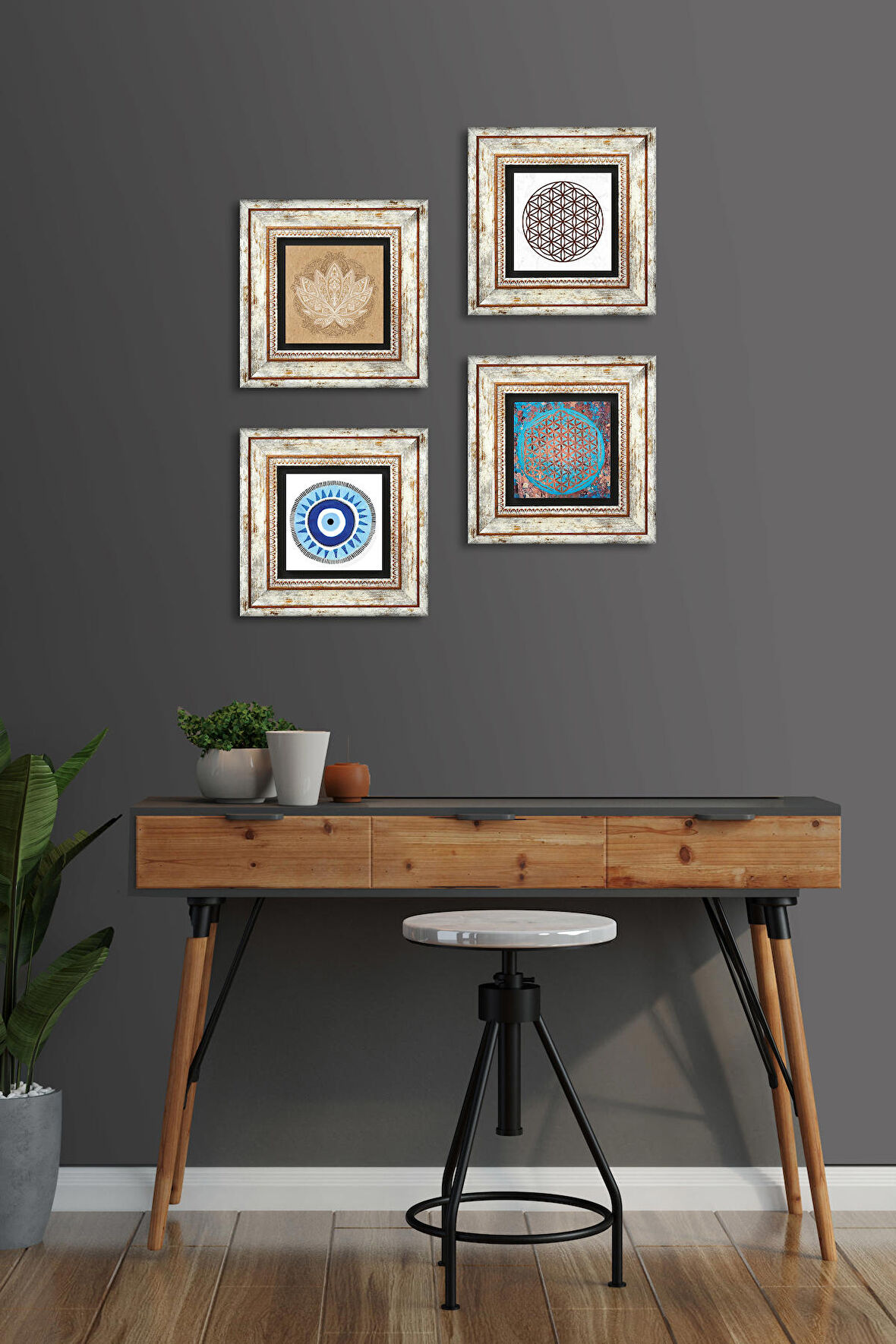 Nazar, Lotus Çiçeği, Yaşam Çiçeği Taş Duvar Tablosu Çerçeveli Duvar Dekoru 4 Parça Tablo Seti Wall Art