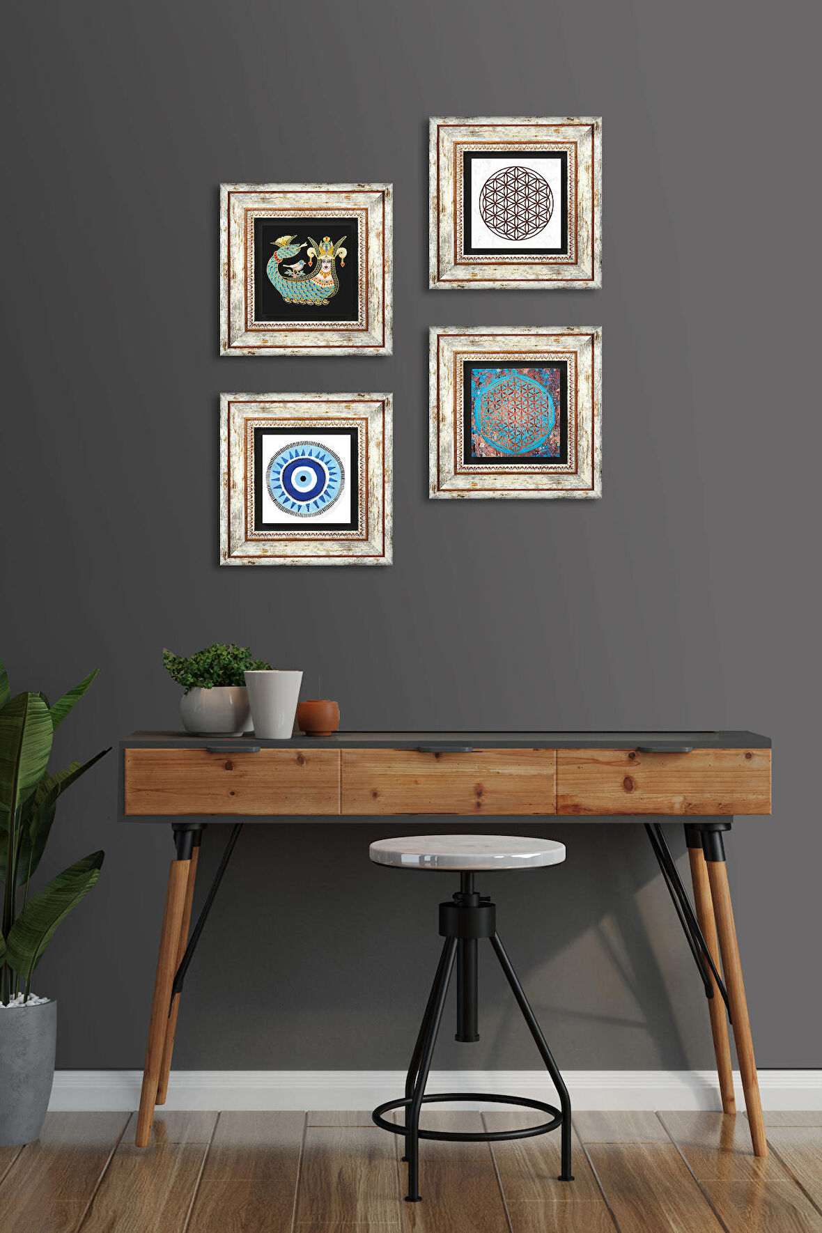 Nazar, Yaşam Çiçeği, Şahmeran Taş Duvar Tablosu Çerçeveli Duvar Dekoru 4 Parça Tablo Seti Wall Art