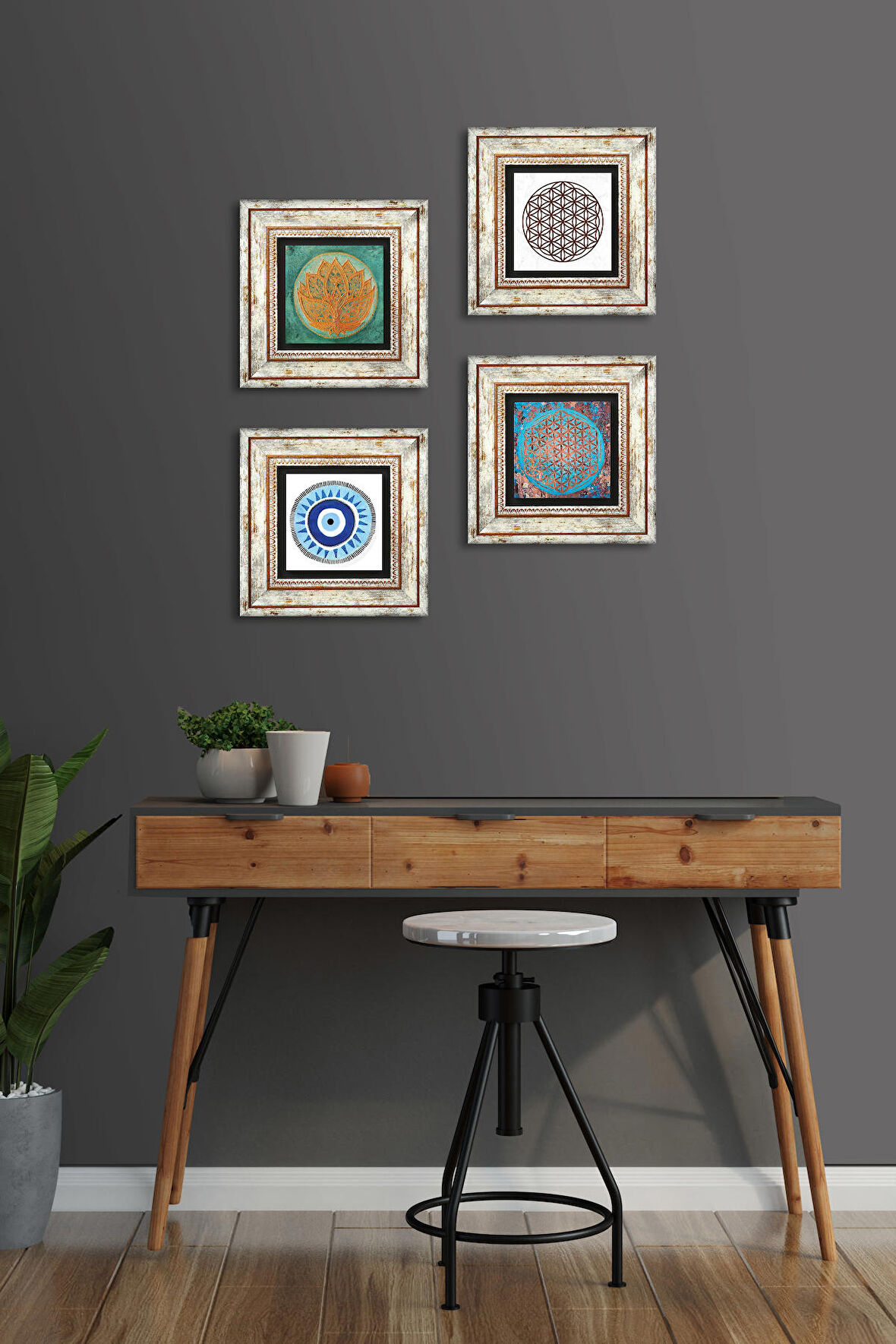 Nazar, Lotus Çiçeği, Yaşam Çiçeği Taş Duvar Tablosu Çerçeveli Duvar Dekoru 4 Parça Tablo Seti Wall Art