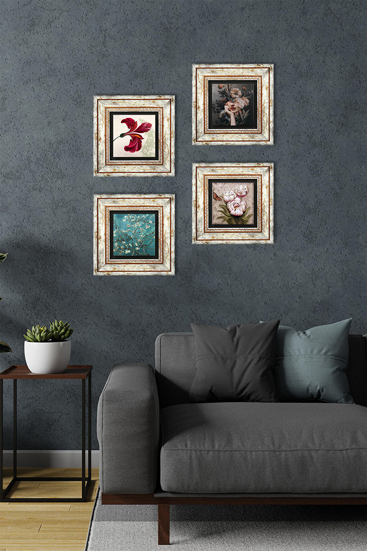 Lale, Van Gogh Badem Ağacı, Bahar Düşü Serisi, Kelebekli Çiçek Taş Duvar Tablosu Çerçeveli Duvar Dekoru 4 Parça Tablo Seti Wall Art