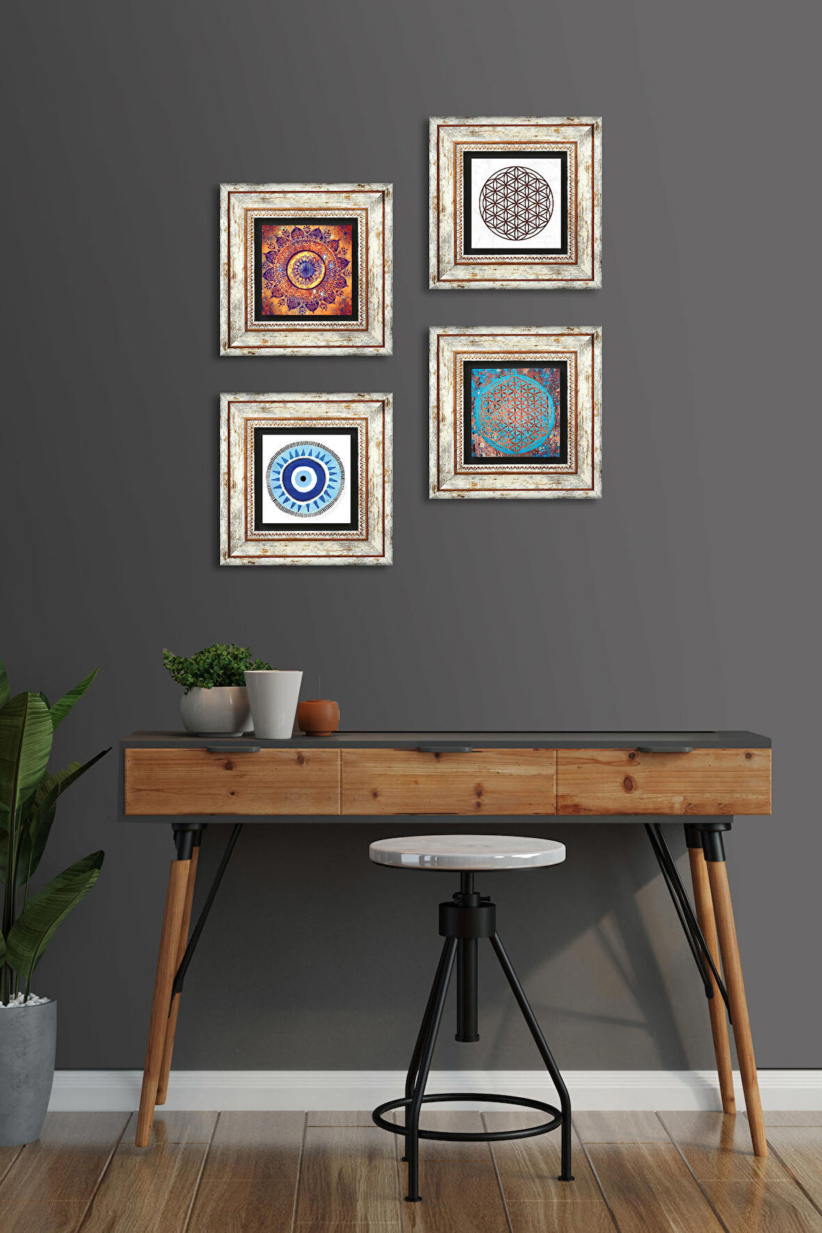 Nazar, Mandala, Yaşam Çiçeği Taş Duvar Tablosu Çerçeveli Duvar Dekoru 4 Parça Tablo Seti Wall Art