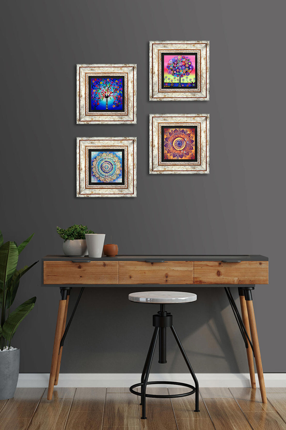 Mandala, Hayat Ağacı Taş Duvar Tablosu Çerçeveli Duvar Dekoru 4 Parça Tablo Seti Wall Art