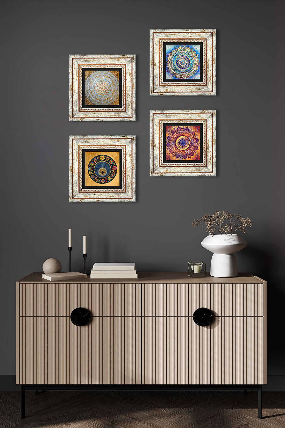 Mandala, Sri Yantra, Nazar Taş Duvar Tablosu Çerçeveli Duvar Dekoru 4 Parça Tablo Seti Wall Art
