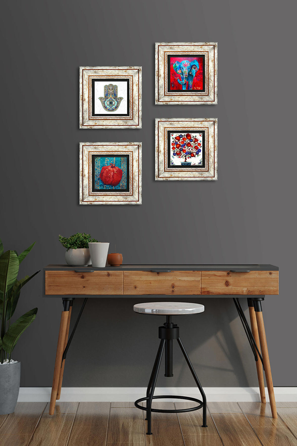 Fil, Nar Ağacı, Nar, Fatma Ana Eli (Hamsa) Taş Duvar Tablosu Çerçeveli Duvar Dekoru 4 Parça Tablo Seti Wall Art