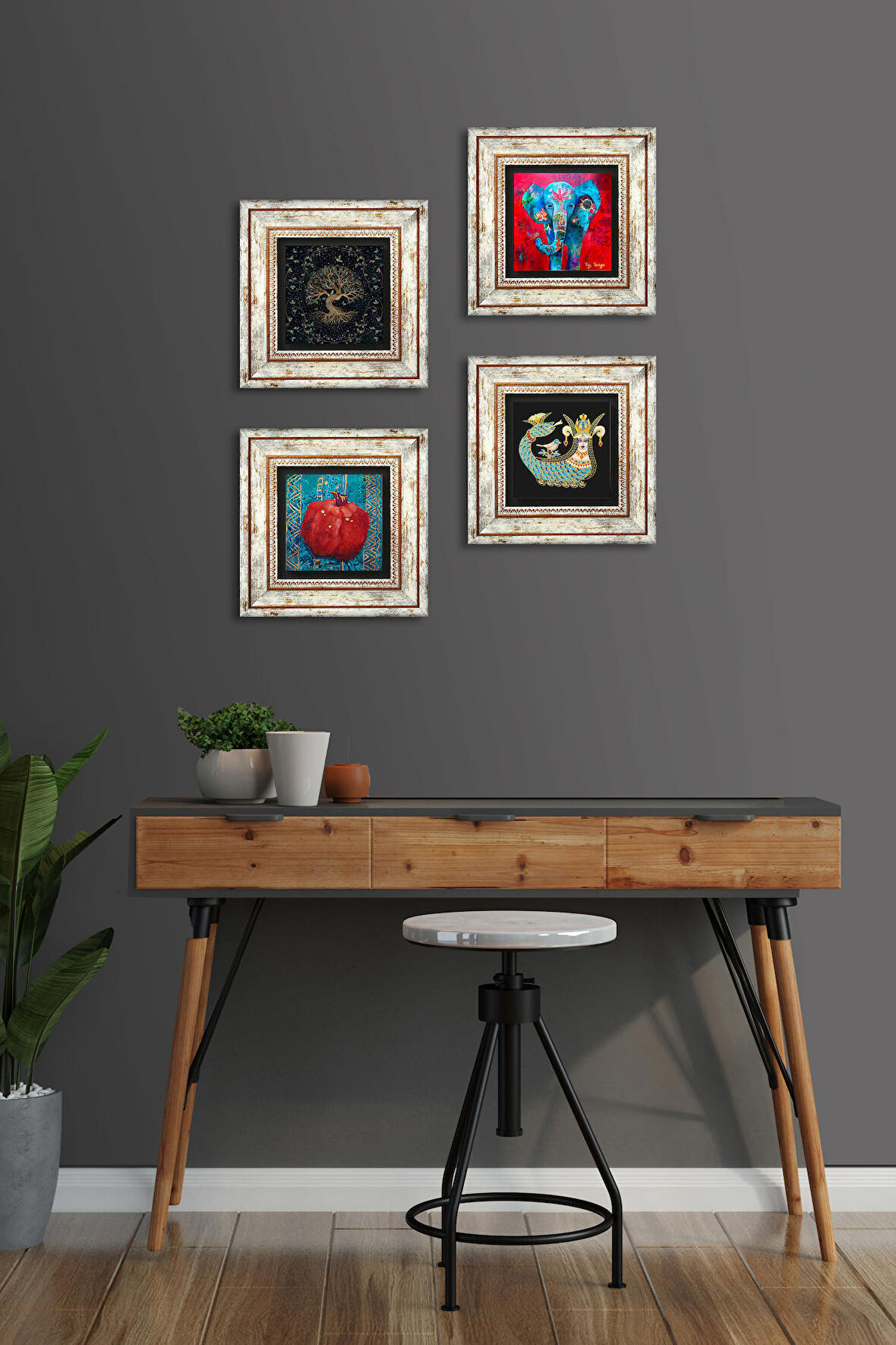 Fil, Hayat Ağacı, Şahmeran, Nar Taş Duvar Tablosu Çerçeveli Duvar Dekoru 4 Parça Tablo Seti Wall Art