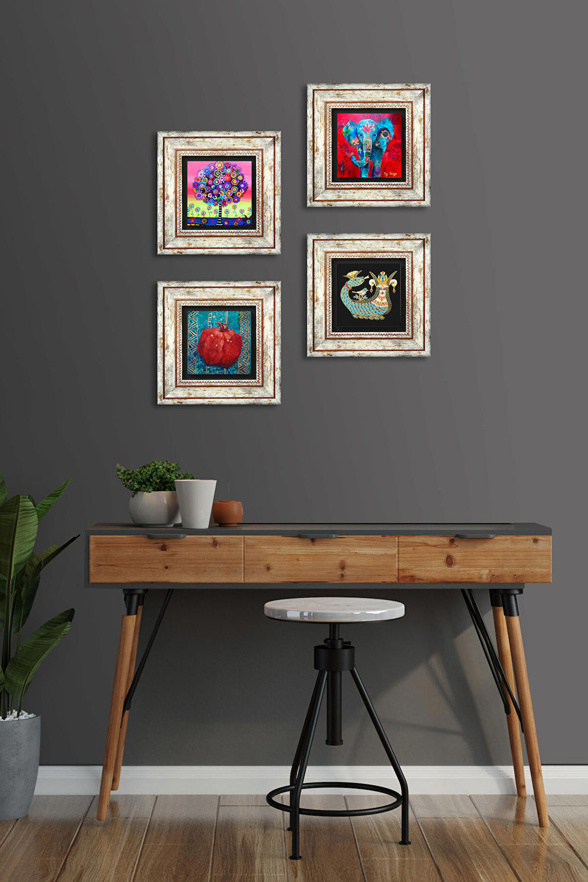 Fil, Hayat Ağacı, Şahmeran, Nar Taş Duvar Tablosu Çerçeveli Duvar Dekoru 4 Parça Tablo Seti Wall Art