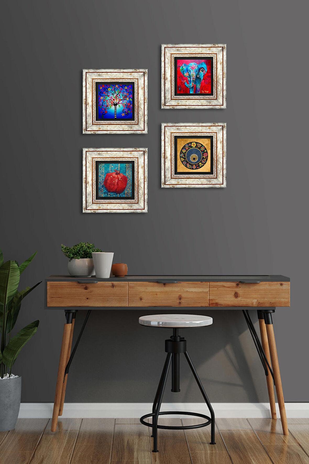 Fil, Nazar, Hayat Ağacı, Nar Taş Duvar Tablosu Çerçeveli Duvar Dekoru 4 Parça Tablo Seti Wall Art