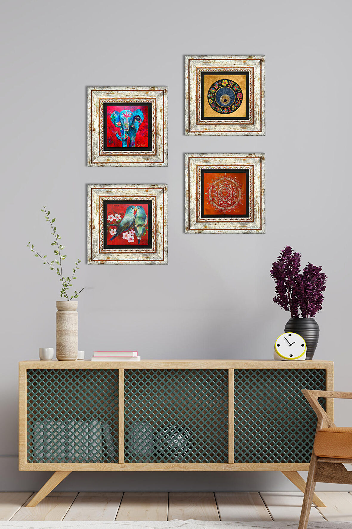 Fil, Kuş, Mandala, Nazar Taş Duvar Tablosu Çerçeveli Duvar Dekoru 4 Parça Tablo Seti Wall Art