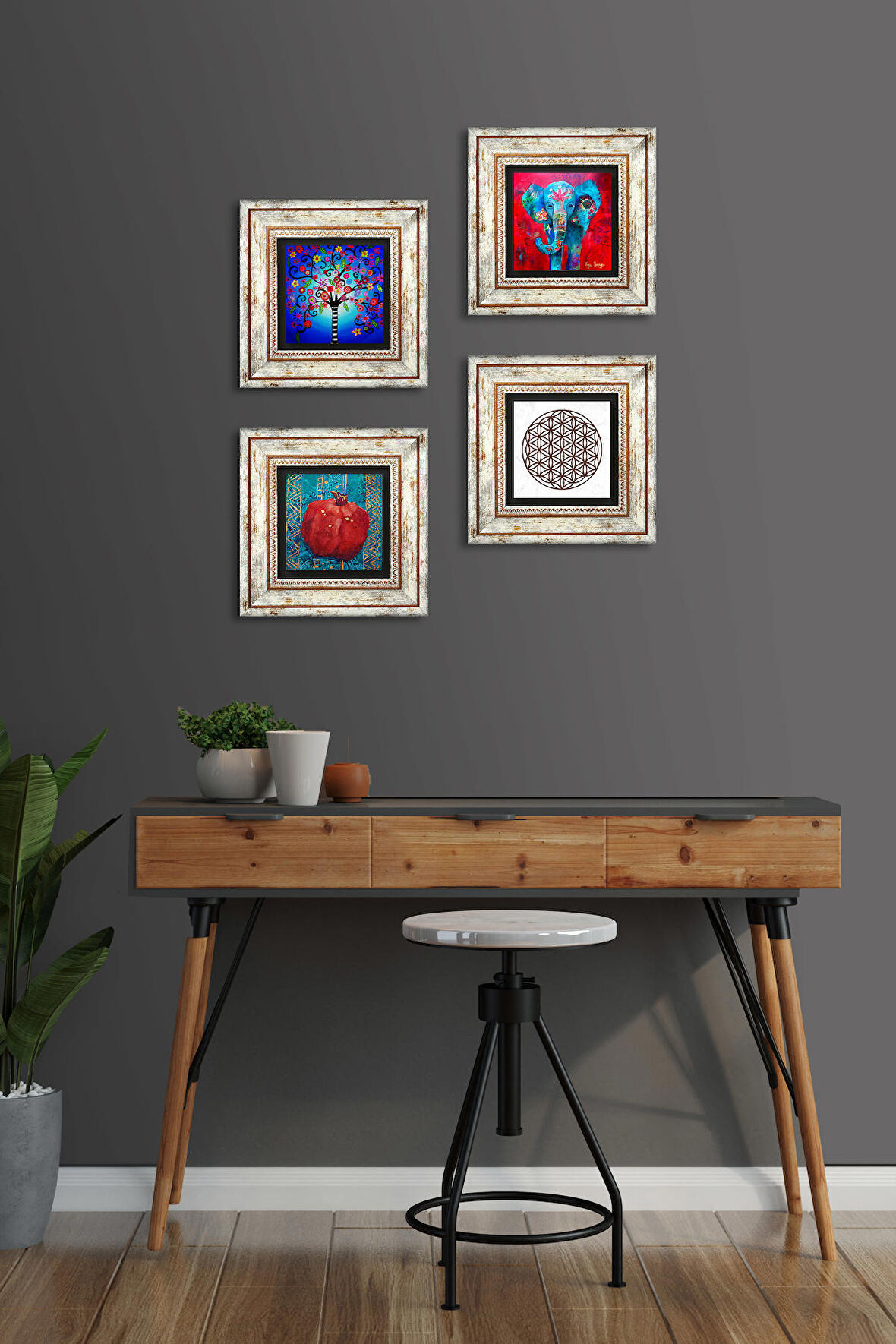 Fil, Yaşam Çiçeği, Hayat Ağacı, Nar Taş Duvar Tablosu Çerçeveli Duvar Dekoru 4 Parça Tablo Seti Wall Art