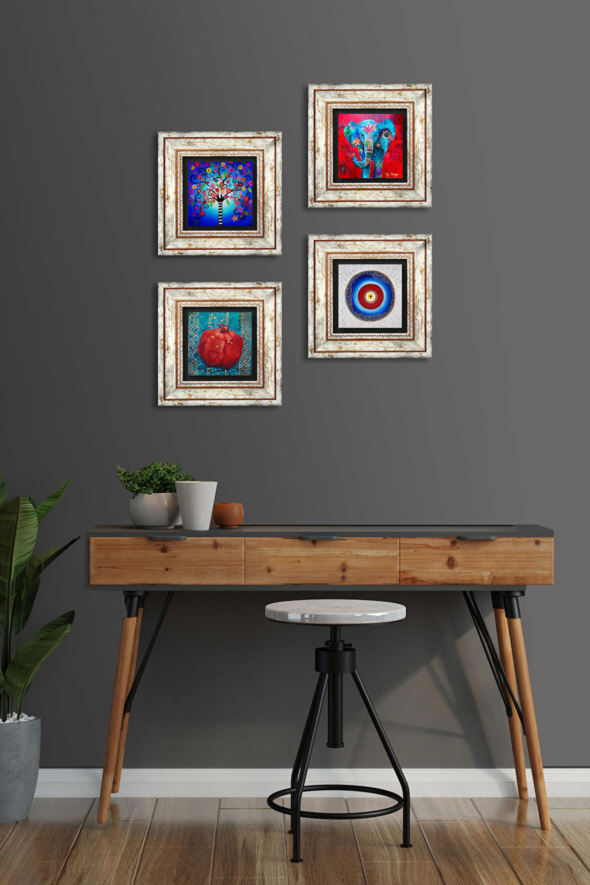 Nazar, Fil, Hayat Ağacı, Nar Taş Duvar Tablosu Çerçeveli Duvar Dekoru 4 Parça Tablo Seti Wall Art
