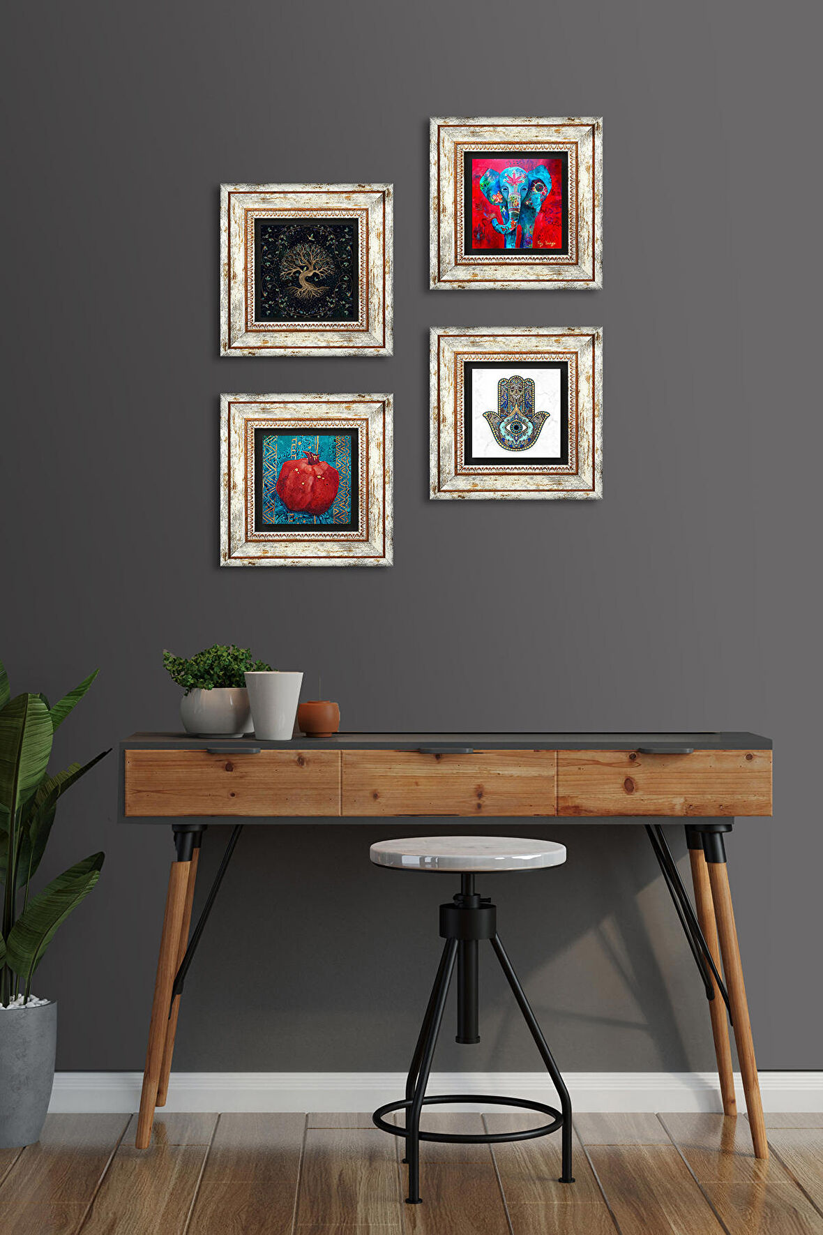 Fil, Hayat Ağacı, Nar, Fatma Ana Eli (Hamsa) Taş Duvar Tablosu Çerçeveli Duvar Dekoru 4 Parça Tablo Seti Wall Art