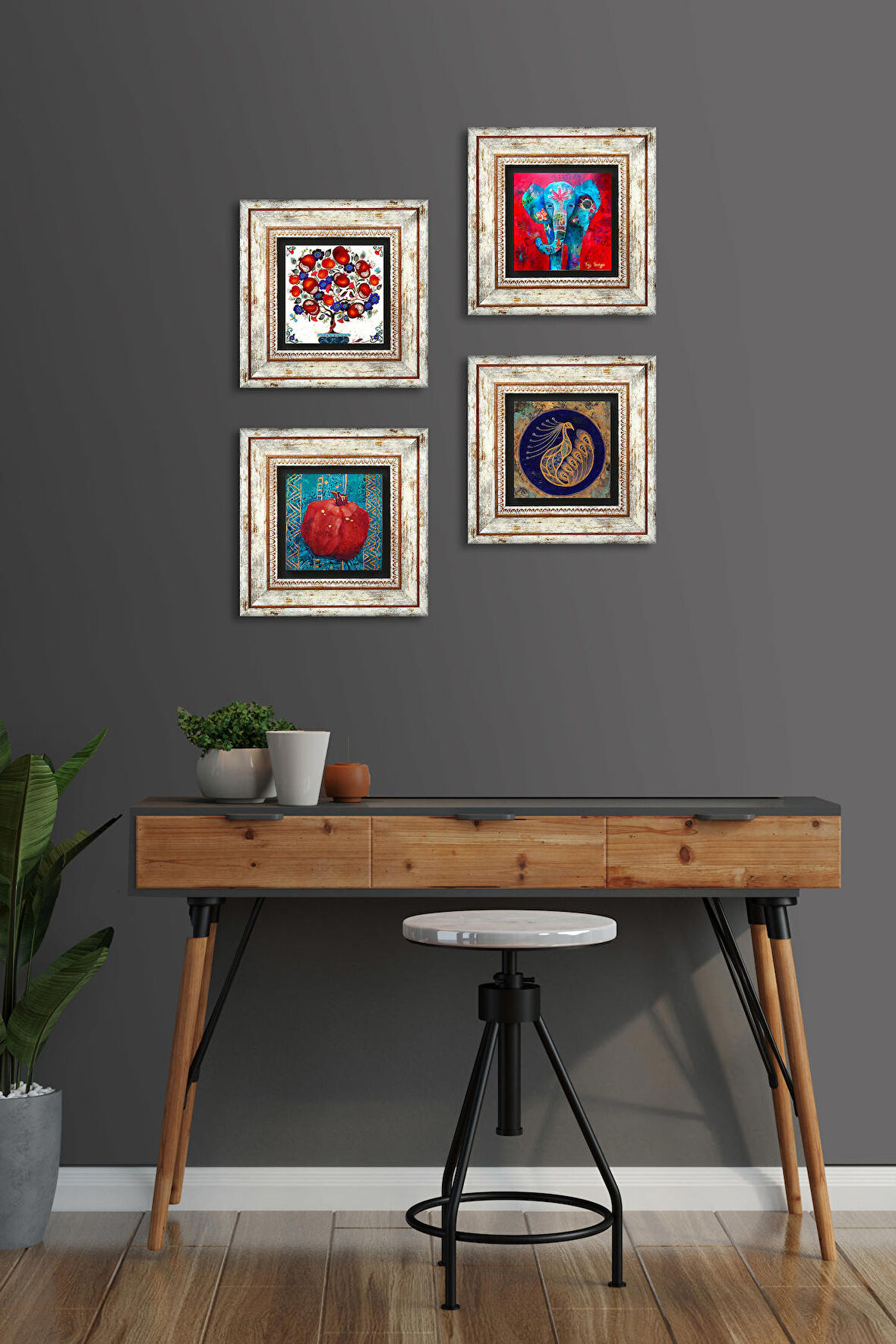 Fil, Tavus Kuşu, Nar Ağacı, Nar Taş Duvar Tablosu Çerçeveli Duvar Dekoru 4 Parça Tablo Seti Wall Art