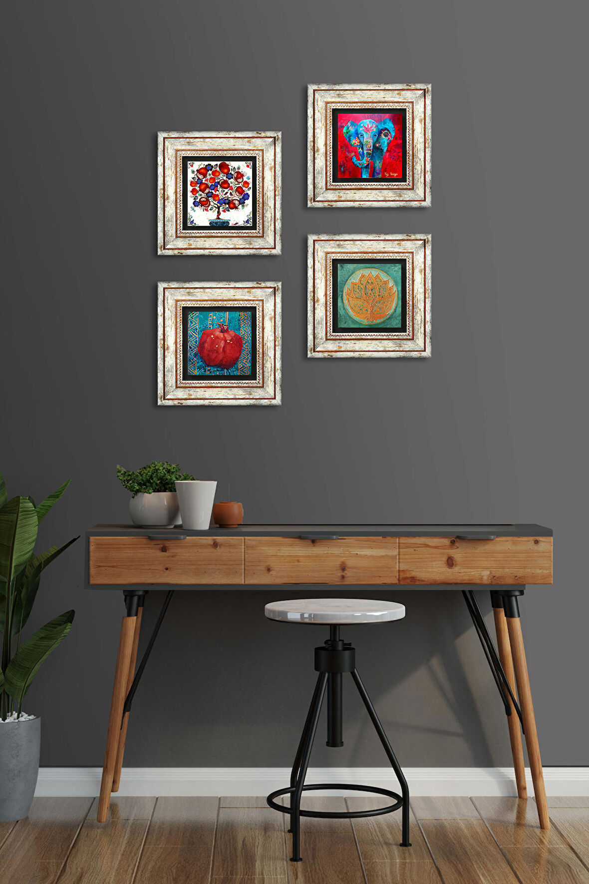 Fil, Lotus Çiçeği, Nar Ağacı, Nar Taş Duvar Tablosu Çerçeveli Duvar Dekoru 4 Parça Tablo Seti Wall Art