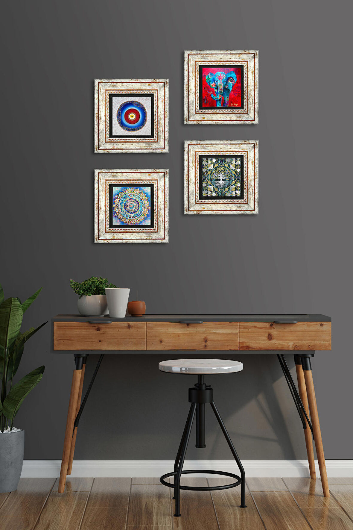 Nazar, Hayat Ağacı, Mandala, Fil Taş Duvar Tablosu Çerçeveli Duvar Dekoru 4 Parça Tablo Seti Wall Art