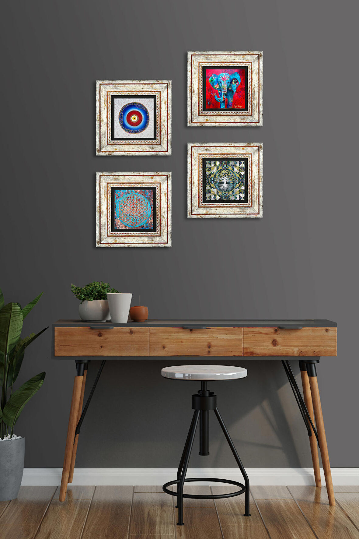 Nazar, Hayat Ağacı, Fil, Yaşam Çiçeği Taş Duvar Tablosu Çerçeveli Duvar Dekoru 4 Parça Tablo Seti Wall Art