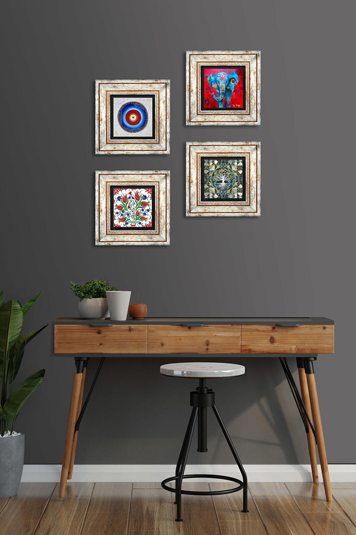Nazar, Hayat Ağacı, Fil, Lale Taş Duvar Tablosu Çerçeveli Duvar Dekoru 4 Parça Tablo Seti Wall Art