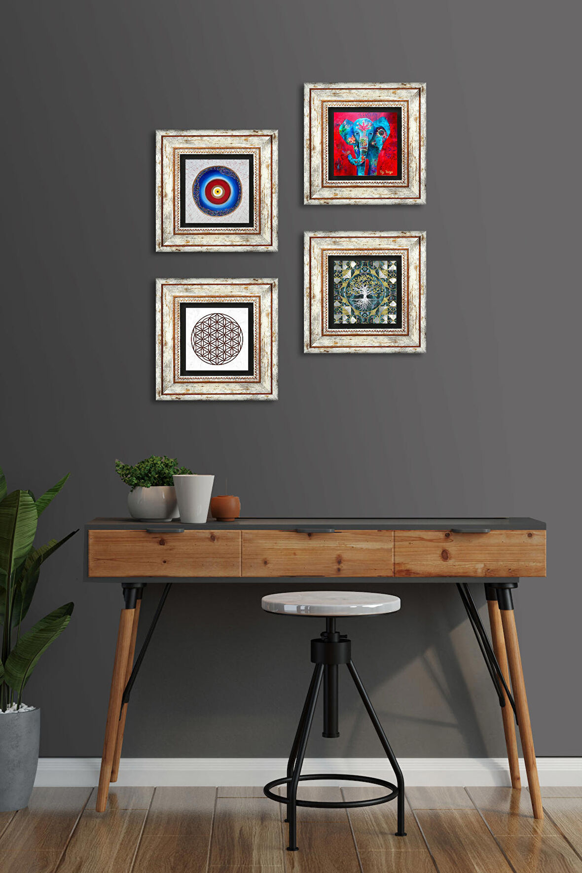 Nazar, Hayat Ağacı, Fil, Yaşam Çiçeği Taş Duvar Tablosu Çerçeveli Duvar Dekoru 4 Parça Tablo Seti Wall Art