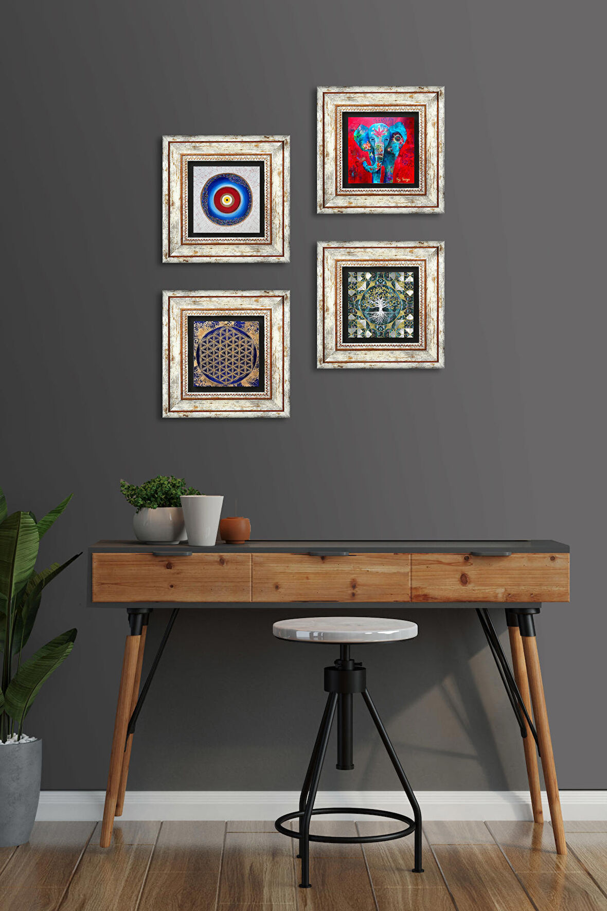 Nazar, Hayat Ağacı, Fil, Yaşam Çiçeği Taş Duvar Tablosu Çerçeveli Duvar Dekoru 4 Parça Tablo Seti Wall Art