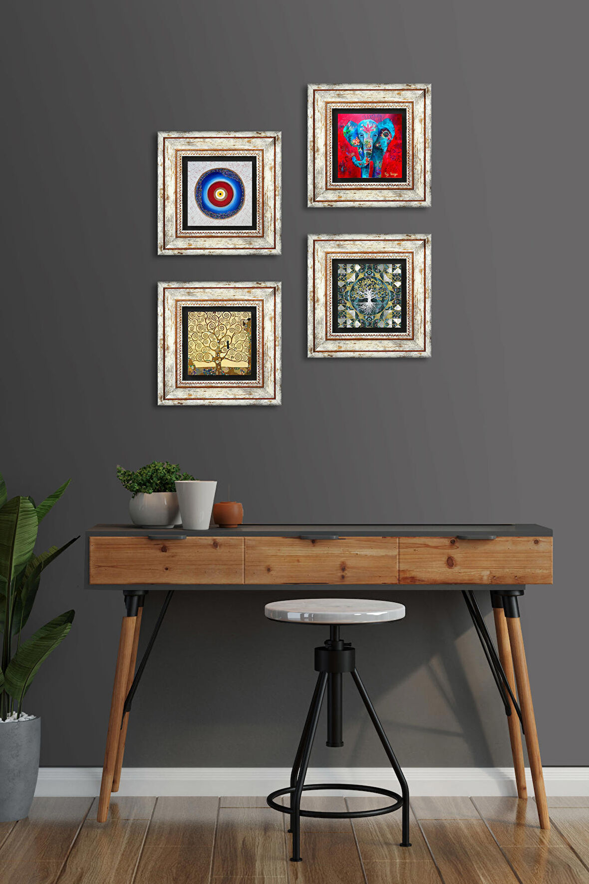 Nazar, Hayat Ağacı, Fil Taş Duvar Tablosu Çerçeveli Duvar Dekoru 4 Parça Tablo Seti Wall Art