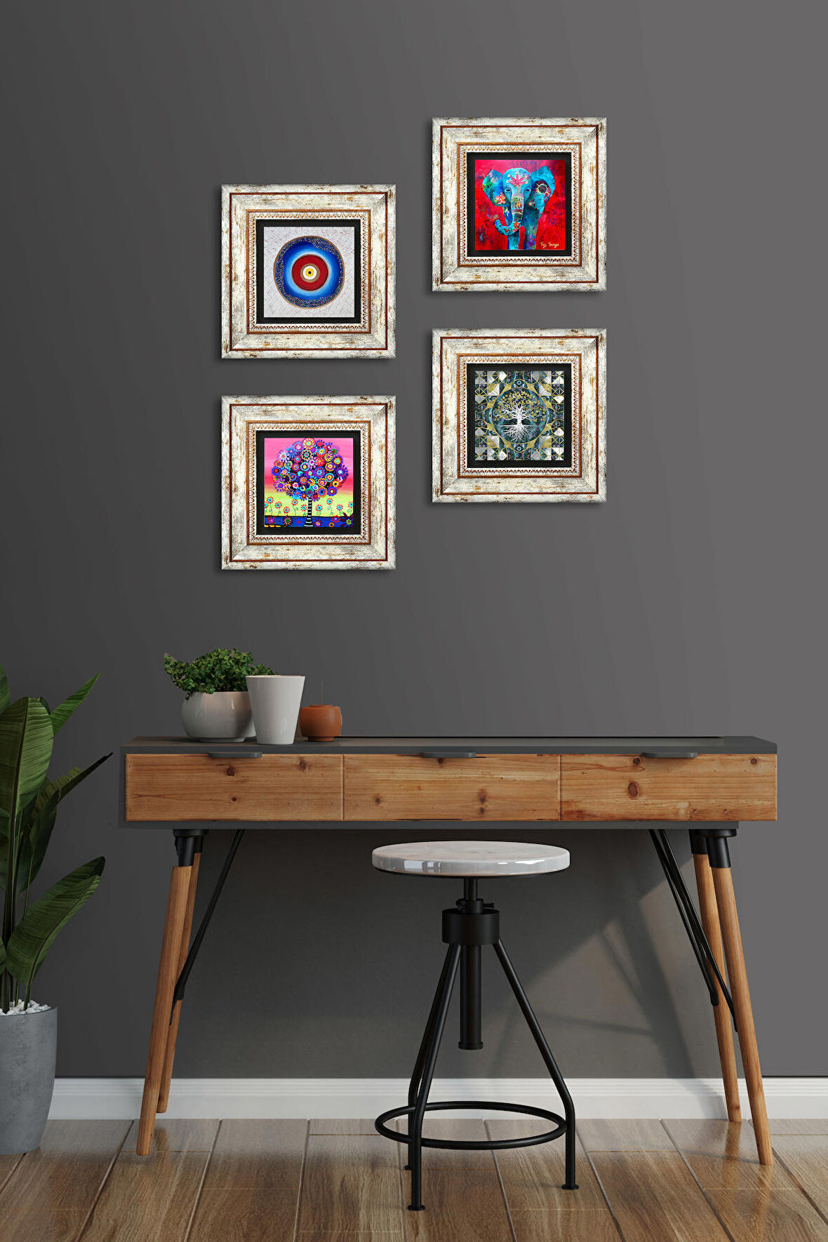 Nazar, Fil, Hayat Ağacı Taş Duvar Tablosu Çerçeveli Duvar Dekoru 4 Parça Tablo Seti Wall Art