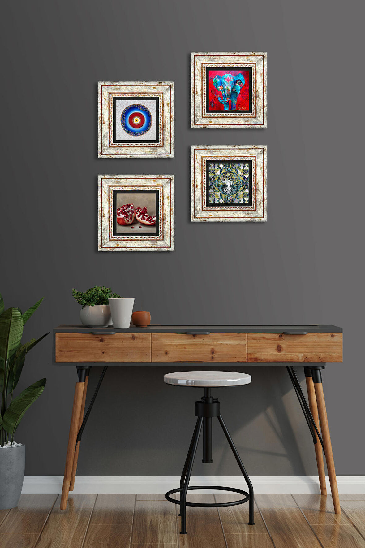 Nazar, Hayat Ağacı, Fil, Nar Taş Duvar Tablosu Çerçeveli Duvar Dekoru 4 Parça Tablo Seti Wall Art