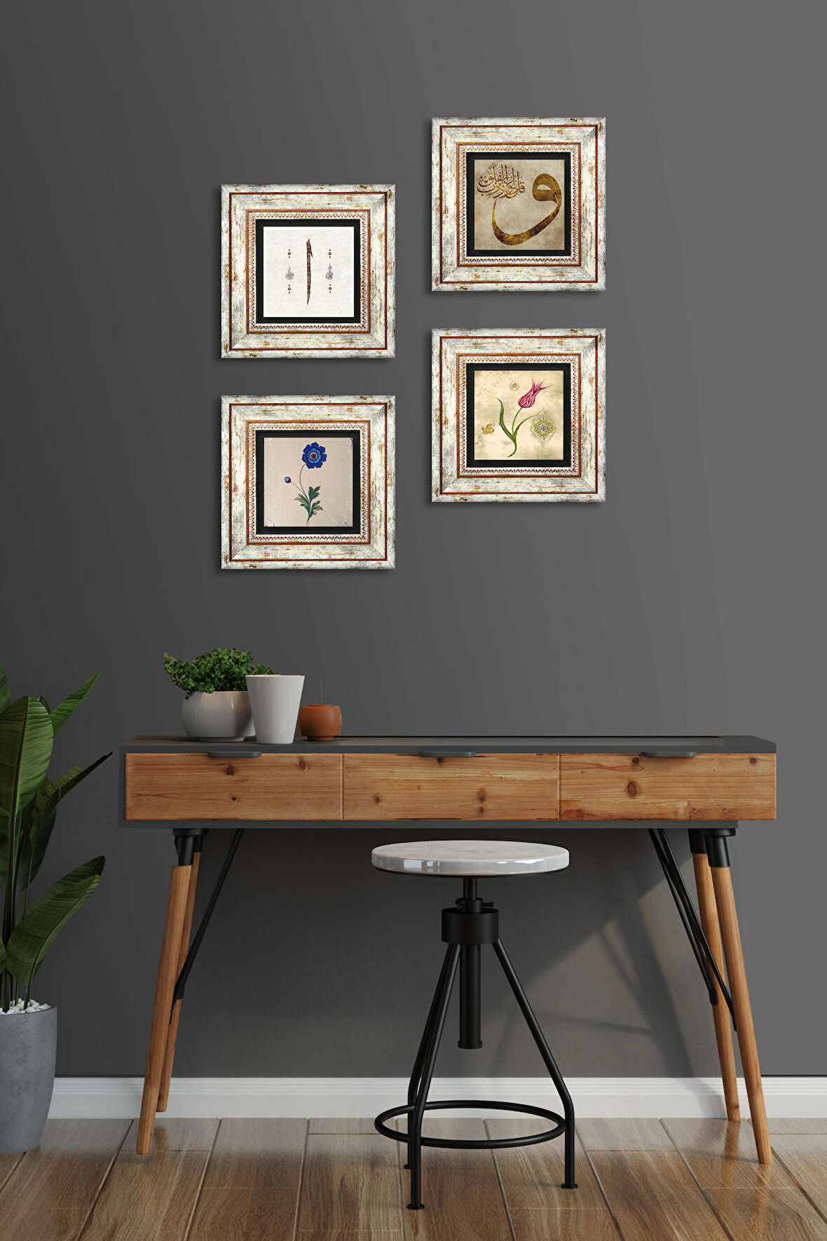 Ebru Sanatı, Lale, Vav, Elif Taş Duvar Tablosu Çerçeveli Duvar Dekoru 4 Parça Tablo Seti Wall Art