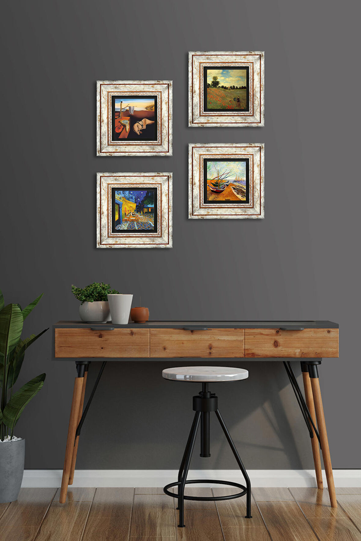 Salvador Dalí, Claude Monet, Van Gogh Taş Duvar Tablosu Çerçeveli Duvar Dekoru 4 Parça Tablo Seti Wall Art