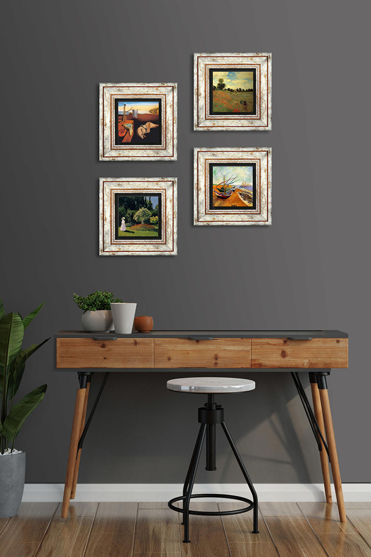 Salvador Dalí, Van Gogh, Claude Monet Taş Duvar Tablosu Çerçeveli Duvar Dekoru 4 Parça Tablo Seti Wall Art