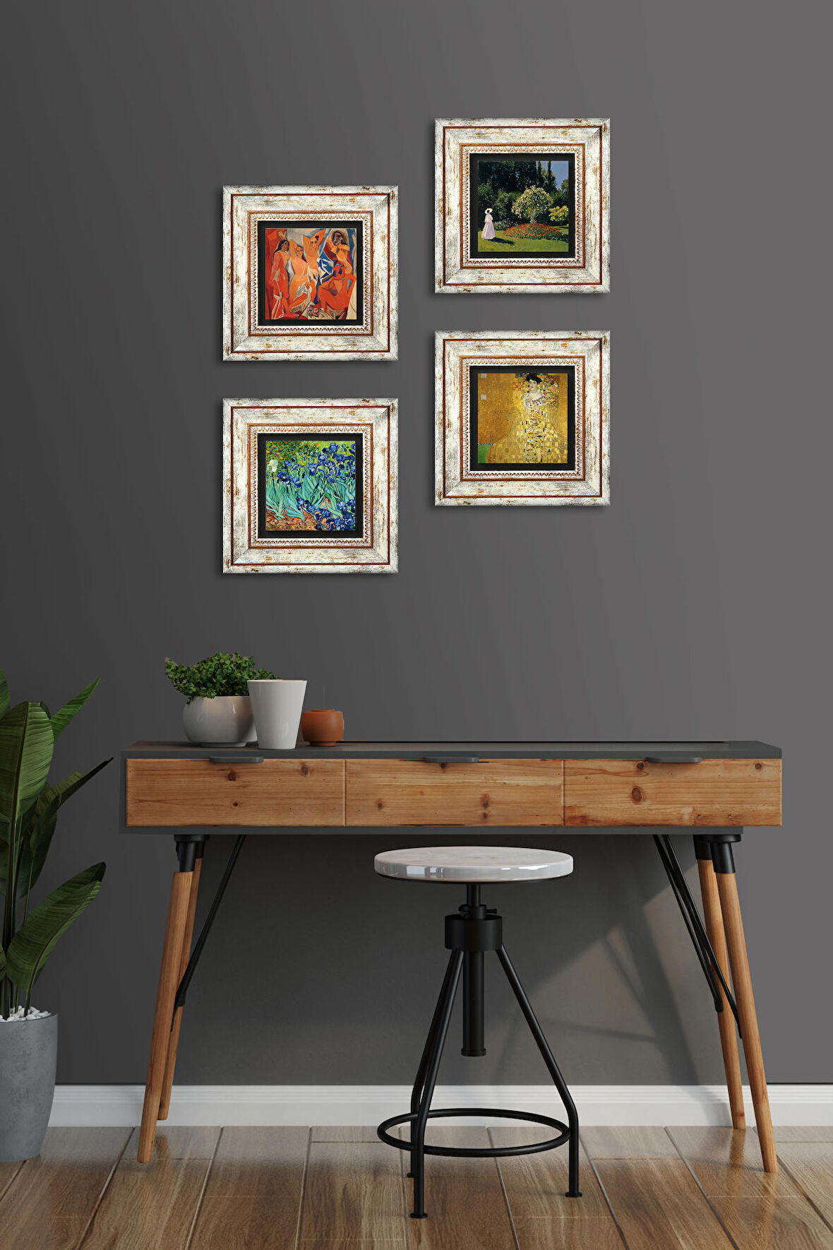 Picasso, Gustav Klimt, Claude Monet, Van Gogh Taş Duvar Tablosu Çerçeveli Duvar Dekoru 4 Parça Tablo Seti Wall Art