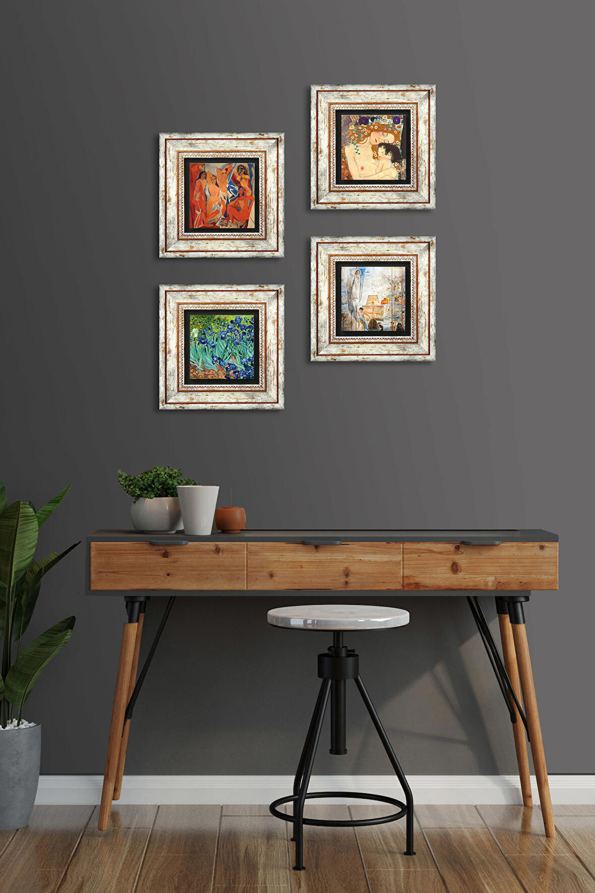 Salvador Dalí, Picasso, Van Gogh, Gustav Klimt Taş Duvar Tablosu Çerçeveli Duvar Dekoru 4 Parça Tablo Seti Wall Art