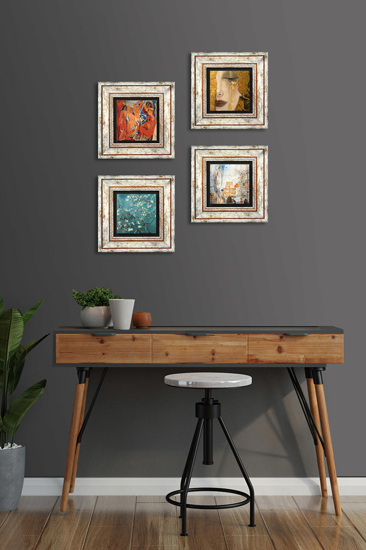 Salvador Dalí, Picasso, Van Gogh, Gustav Klimt Taş Duvar Tablosu Çerçeveli Duvar Dekoru 4 Parça Tablo Seti Wall Art