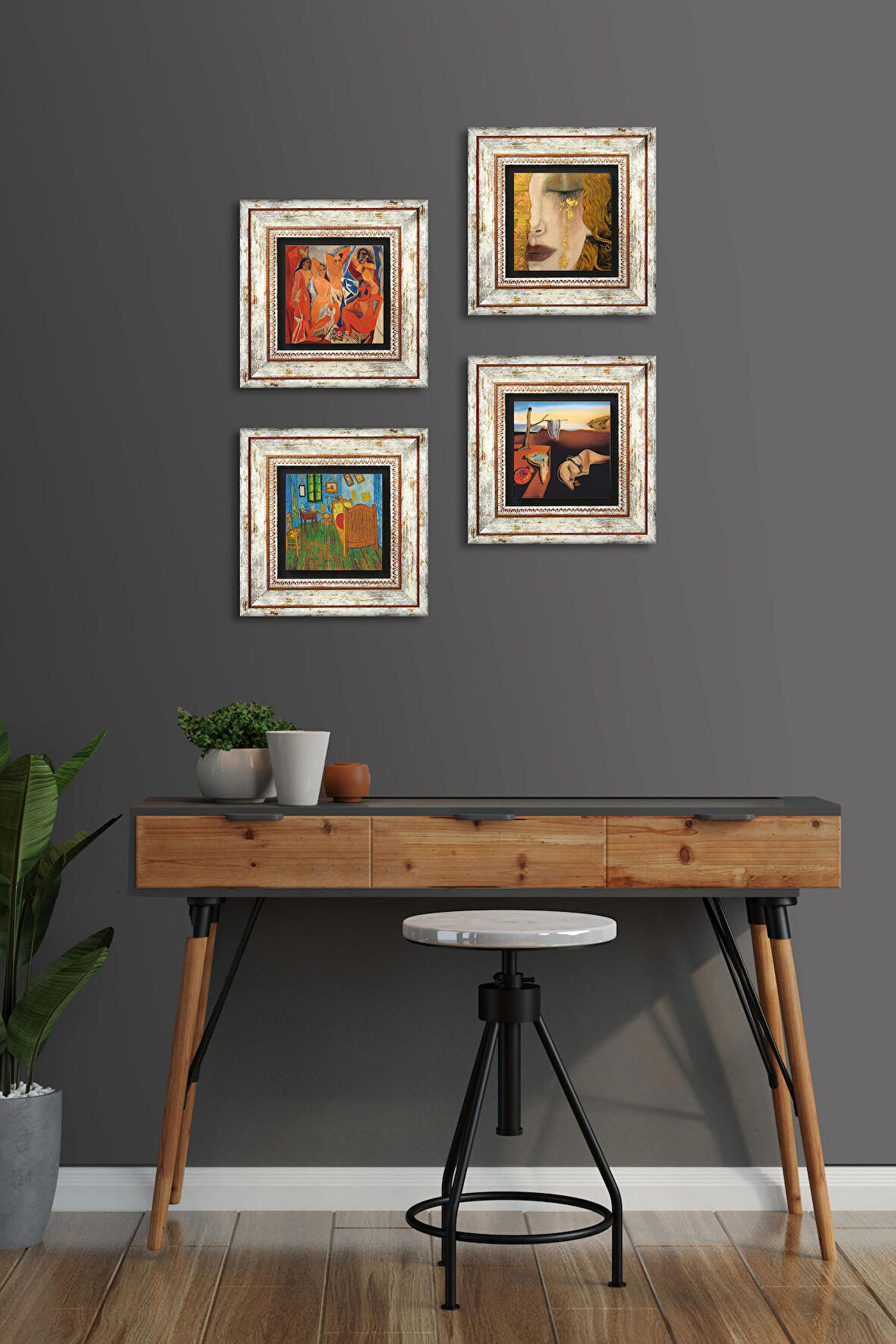 Salvador Dalí, Picasso, Van Gogh, Gustav Klimt Taş Duvar Tablosu Çerçeveli Duvar Dekoru 4 Parça Tablo Seti Wall Art