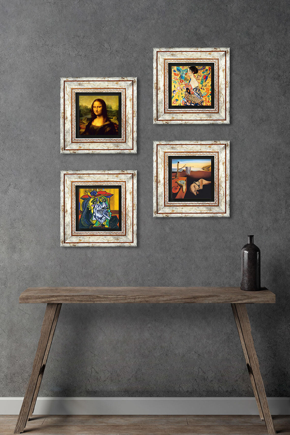 Salvador Dalí, Picasso, Gustav Klimt, Leonardo da Vinci Taş Duvar Tablosu Çerçeveli Duvar Dekoru 4 Parça Tablo Seti Wall Art