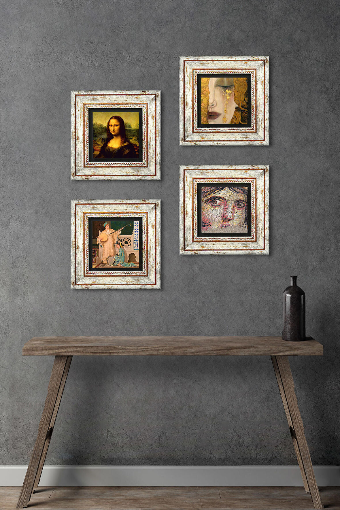 Çingene Kızı, Gustav Klimt, İki Müzisyen Kız, Leonardo da Vinci Taş Duvar Tablosu Çerçeveli Duvar Dekoru 4 Parça Tablo Seti Wall Art