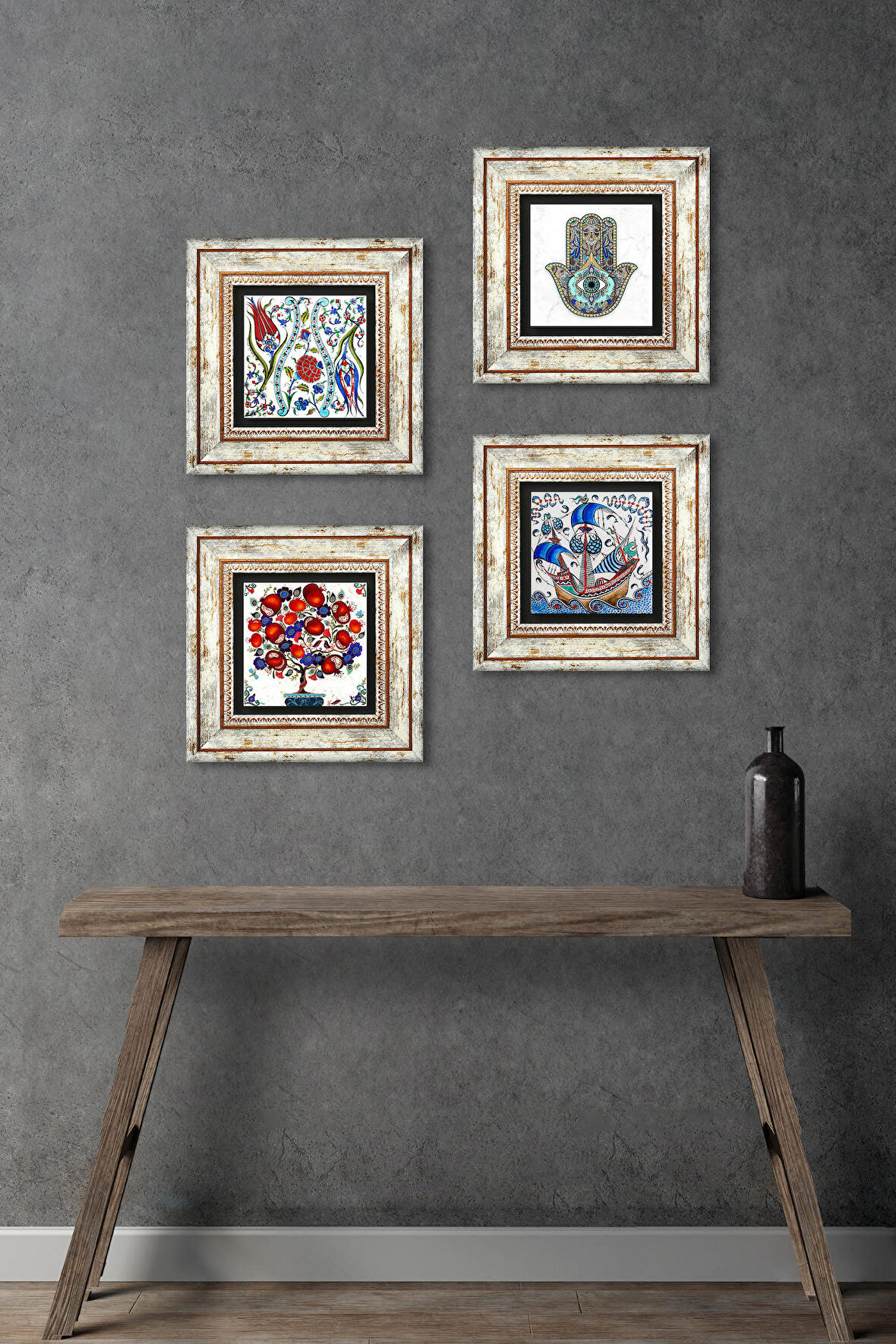 Çini Sanatı Yelkenli Gemi, Lale, Nar Ağacı, Fatma Ana Eli (Hamsa) Taş Duvar Tablosu Çerçeveli Duvar Dekoru 4 Parça Tablo Seti Wall Art