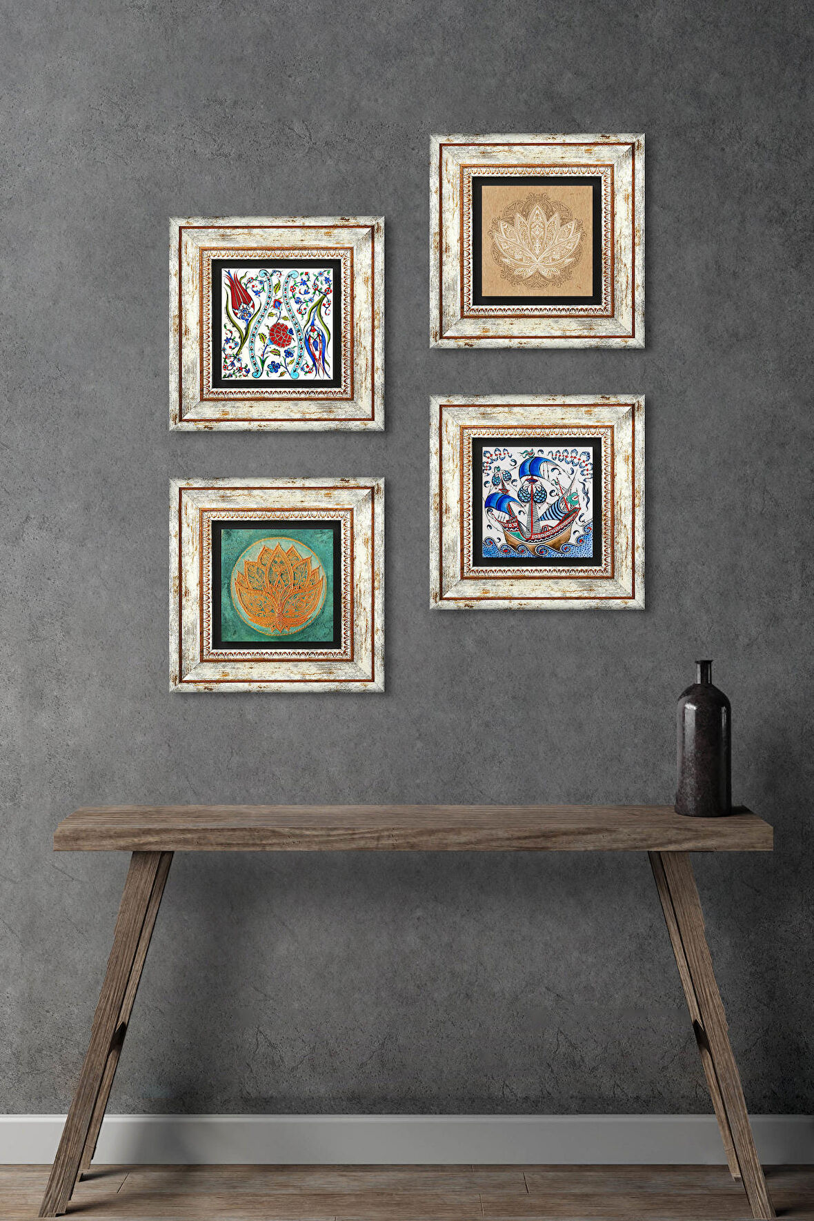 Çini Sanatı Yelkenli Gemi, Lale, Lotus Çiçeği Taş Duvar Tablosu Çerçeveli Duvar Dekoru 4 Parça Tablo Seti Wall Art