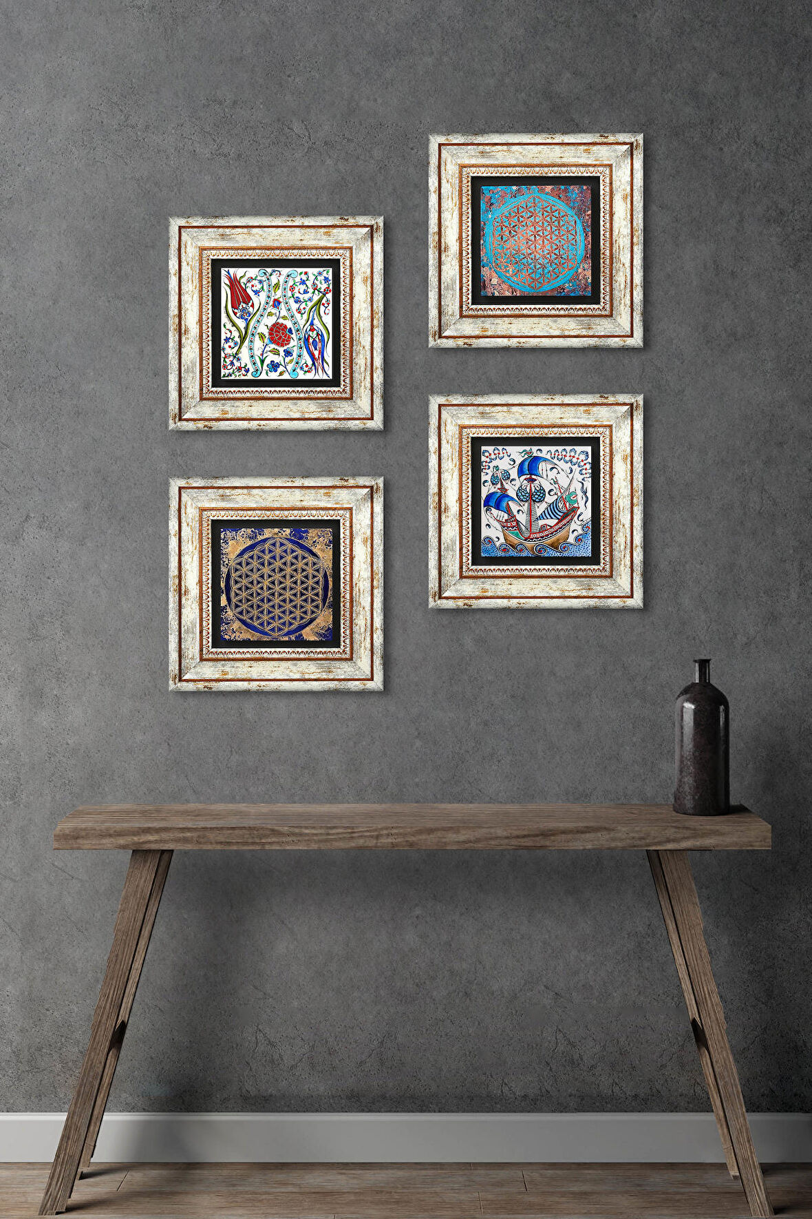 Çini Sanatı Yelkenli Gemi, Lale, Yaşam Çiçeği Taş Duvar Tablosu Çerçeveli Duvar Dekoru 4 Parça Tablo Seti Wall Art