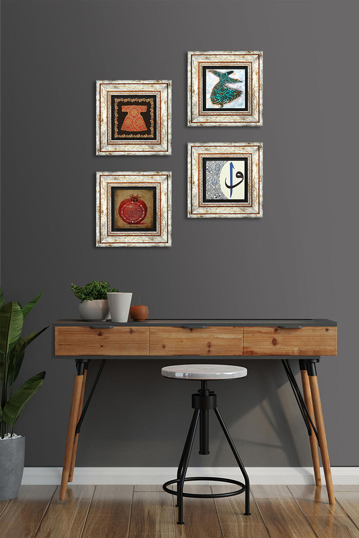 Hırka-i Şerif, Semazen, Bereket Duası, Elif-Vav Taş Duvar Tablosu Çerçeveli Duvar Dekoru 4 Parça Tablo Seti Wall Art