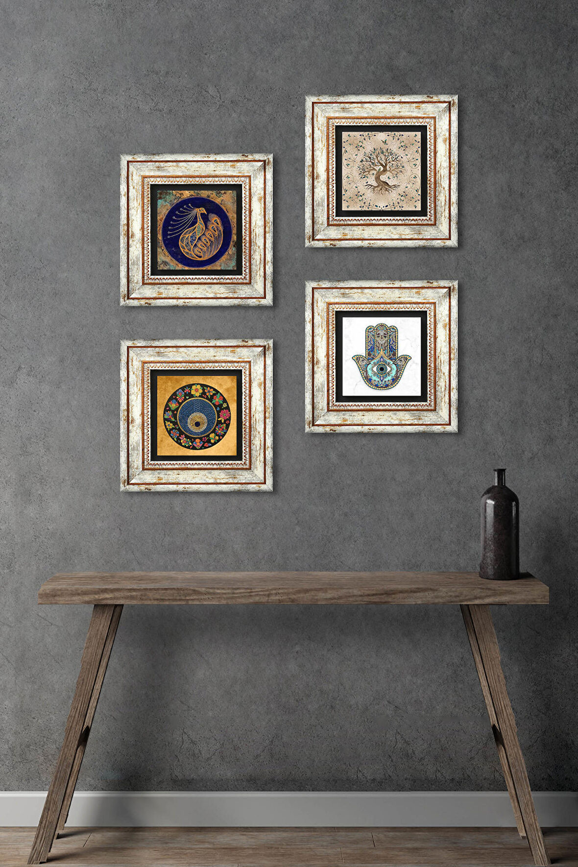Tavus Kuşu, Nazar, Hayat Ağacı, Fatma Ana Eli (Hamsa) Taş Duvar Tablosu Çerçeveli Duvar Dekoru 4 Parça Tablo Seti Wall Art