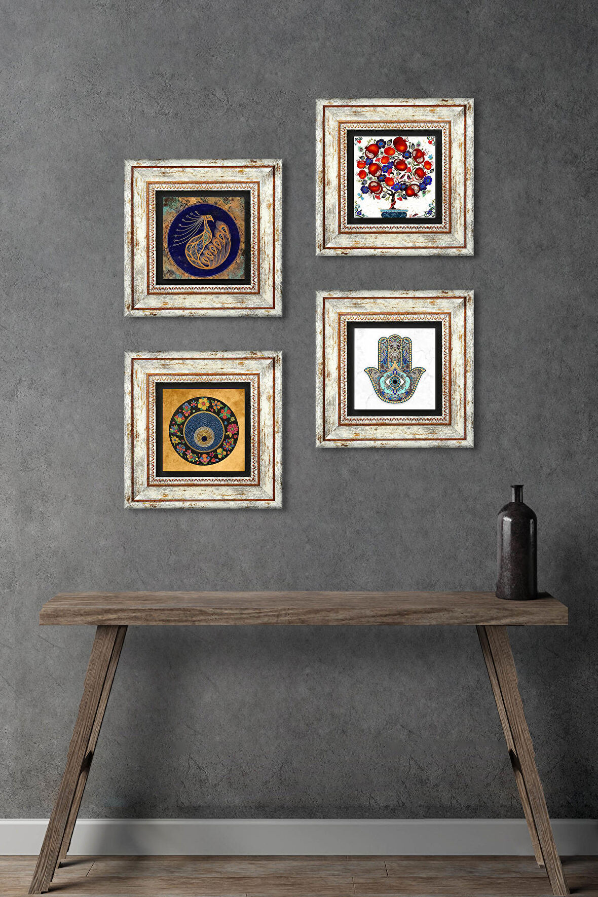 Tavus Kuşu, Nazar, Nar Ağacı, Fatma Ana Eli (Hamsa) Taş Duvar Tablosu Çerçeveli Duvar Dekoru 4 Parça Tablo Seti Wall Art
