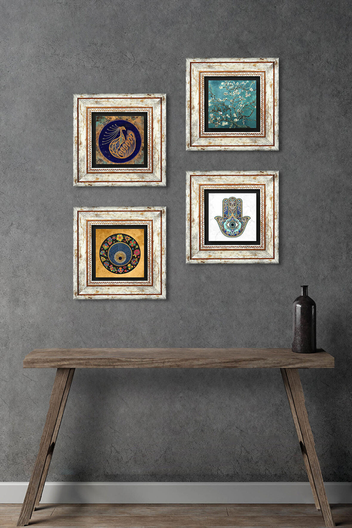 Tavus Kuşu, Nazar, Van Gogh Badem Ağacı, Fatma Ana Eli (Hamsa) Taş Duvar Tablosu Çerçeveli Duvar Dekoru 4 Parça Tablo Seti Wall Art