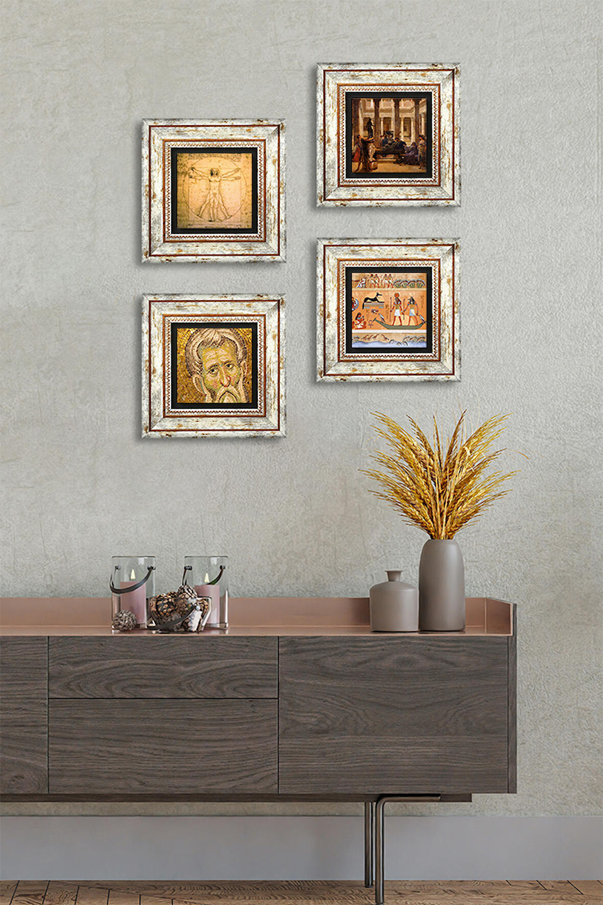 Mozaik, Antik Mısır, Bir Roma Sanat Aşığı, Da Vinci Vitruvius Adamı Taş Duvar Tablosu Çerçeveli Duvar Dekoru 4 Parça Tablo Seti Wall Art