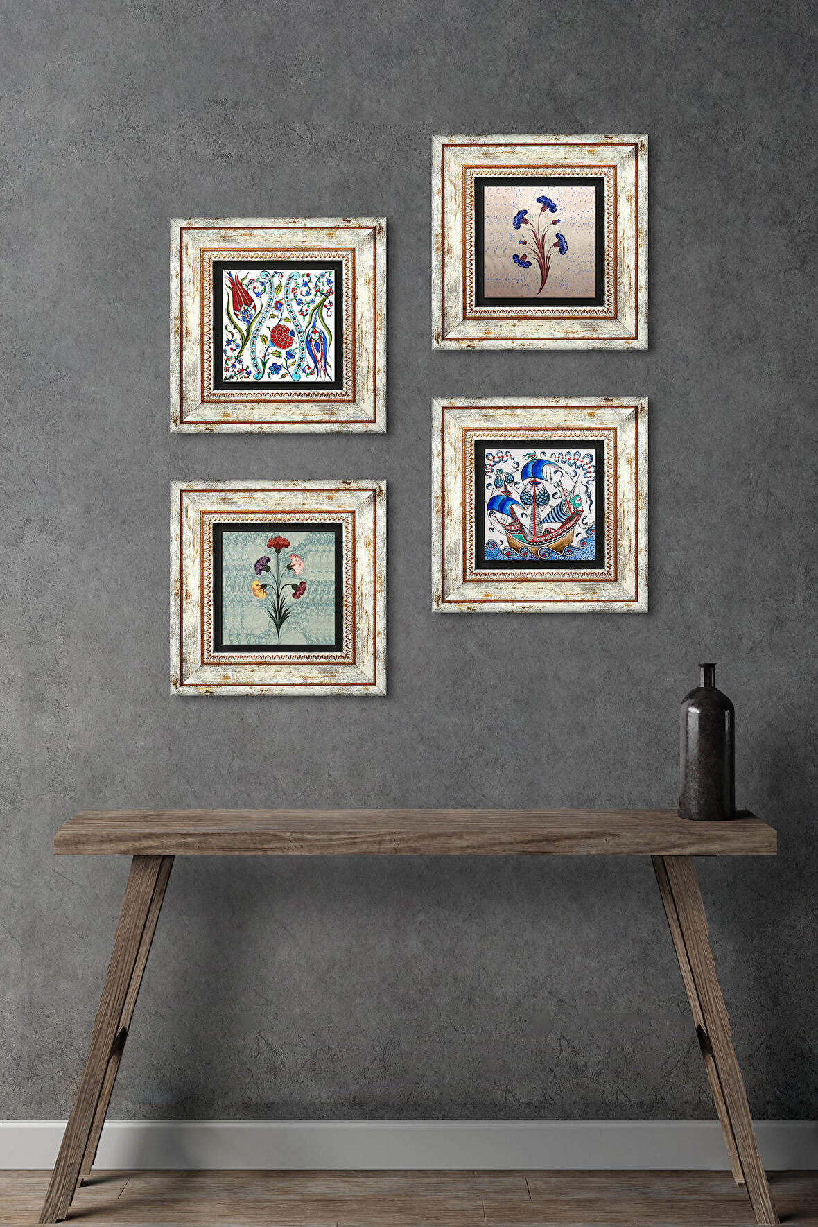 Ebru Sanatı, Lale, Çini Sanatı Yelkenli Gemi Taş Duvar Tablosu Çerçeveli Duvar Dekoru 4 Parça Tablo Seti Wall Art