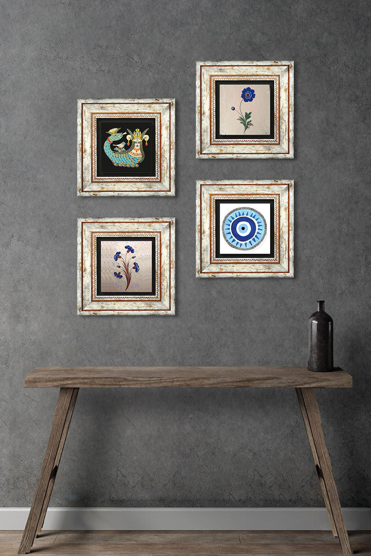 Nazar, Ebru Sanatı, Şahmeran Taş Duvar Tablosu Çerçeveli Duvar Dekoru 4 Parça Tablo Seti Wall Art