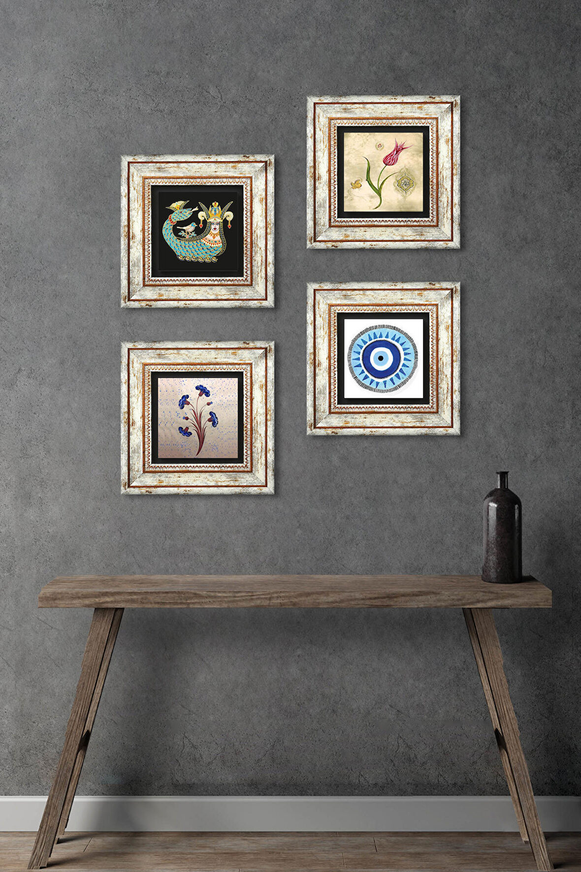 Nazar, Ebru Sanatı, Lale, Şahmeran Taş Duvar Tablosu Çerçeveli Duvar Dekoru 4 Parça Tablo Seti Wall Art