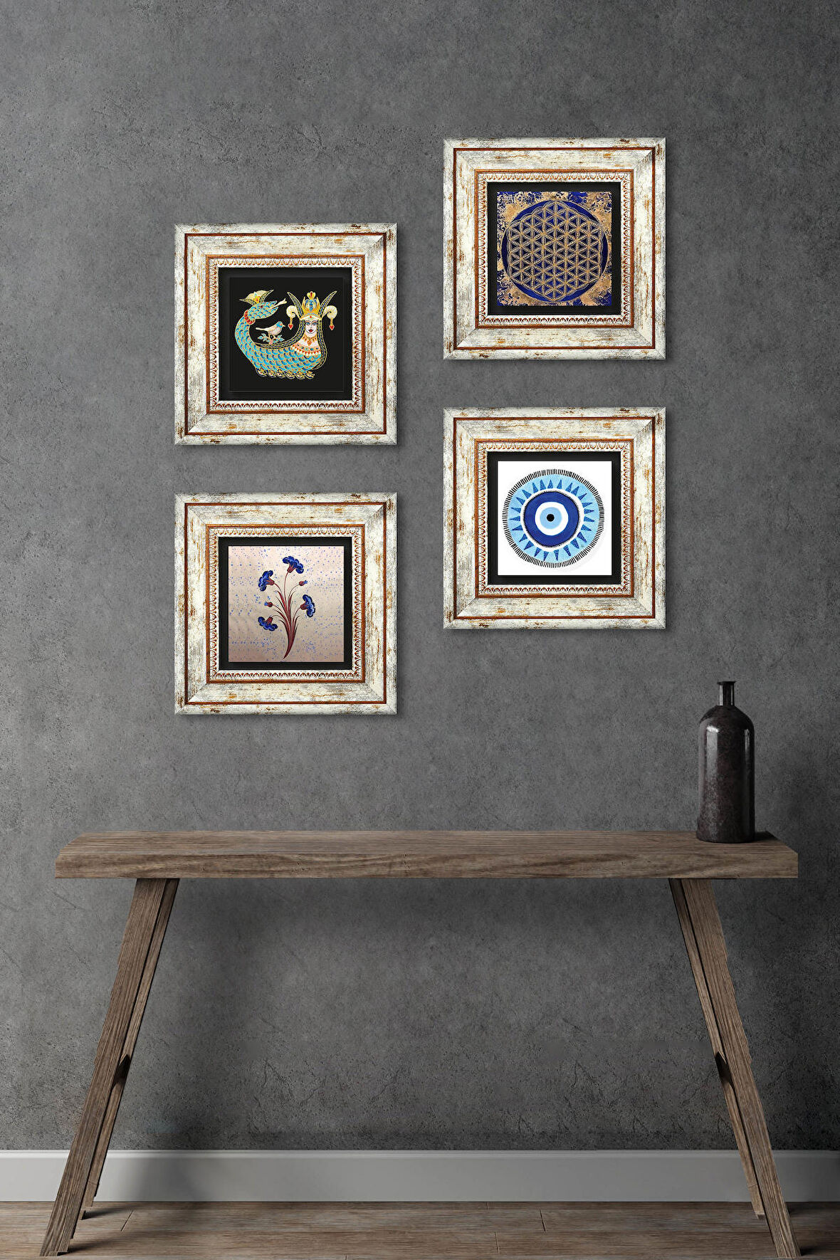 Nazar, Ebru Sanatı, Yaşam Çiçeği, Şahmeran Taş Duvar Tablosu Çerçeveli Duvar Dekoru 4 Parça Tablo Seti Wall Art