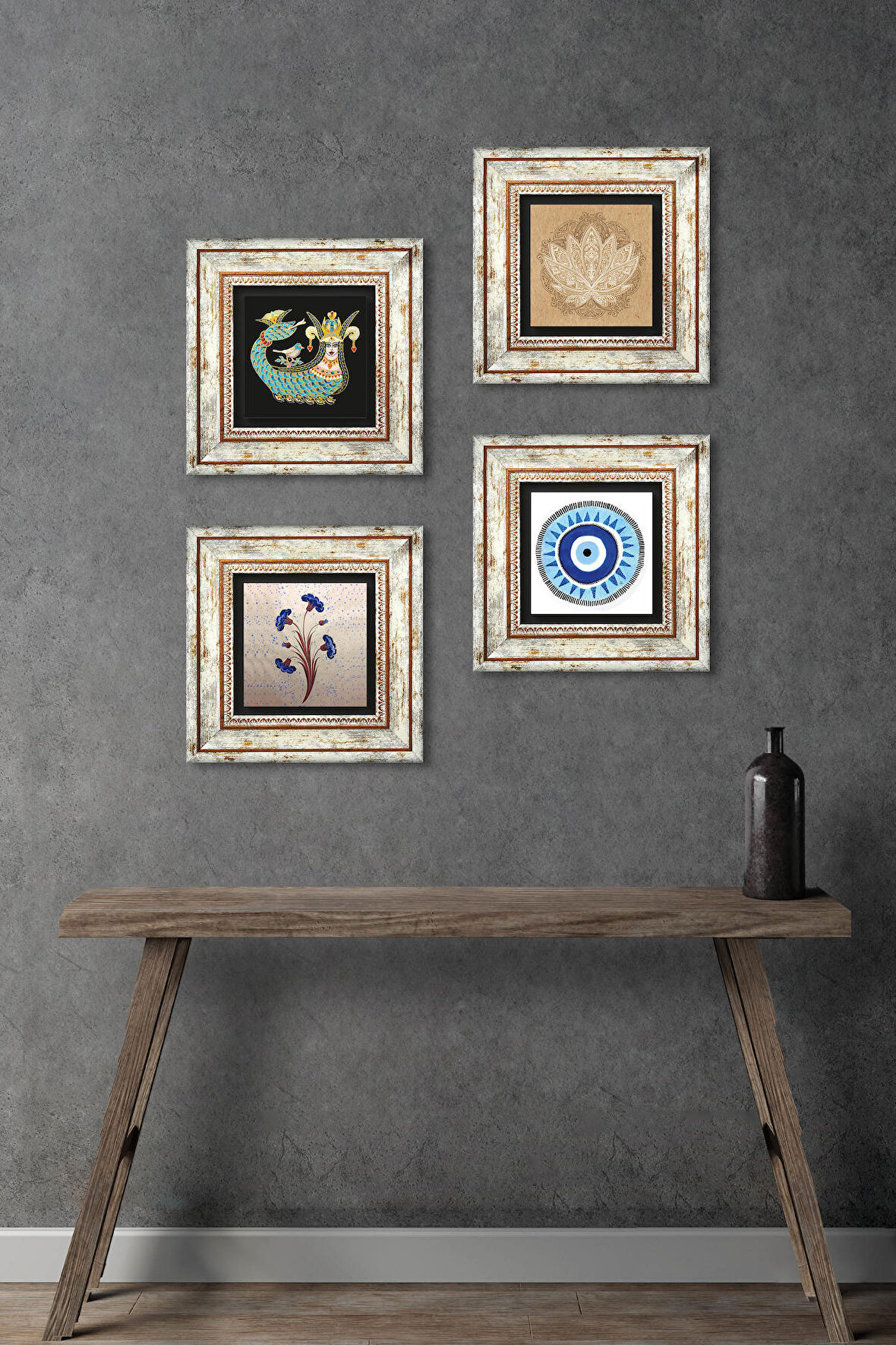 Nazar, Ebru Sanatı, Lotus Çiçeği, Şahmeran Taş Duvar Tablosu Çerçeveli Duvar Dekoru 4 Parça Tablo Seti Wall Art