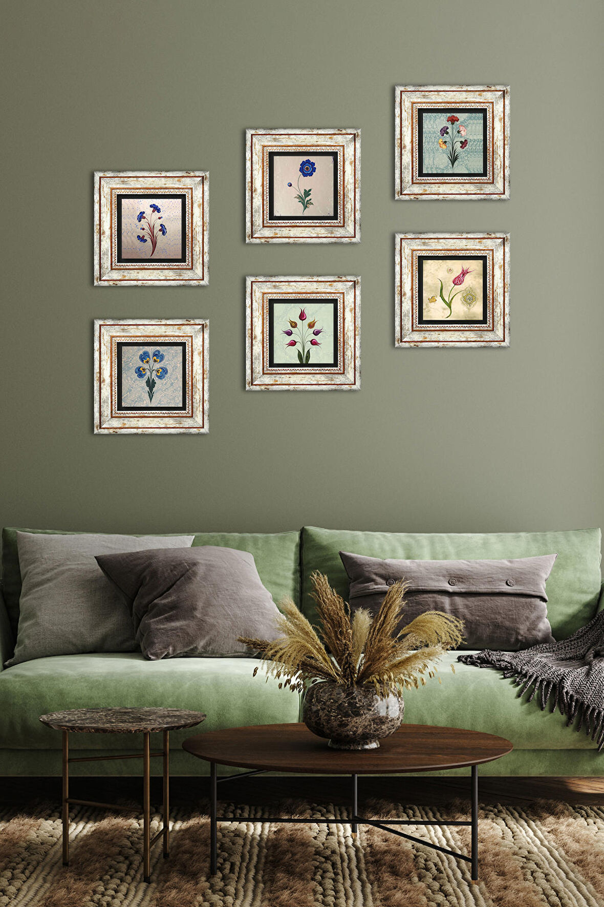 Ebru Sanatı, Lale Taş Duvar Tablosu Çerçeveli Duvar Dekoru 6 Parça Tablo Seti Wall Art