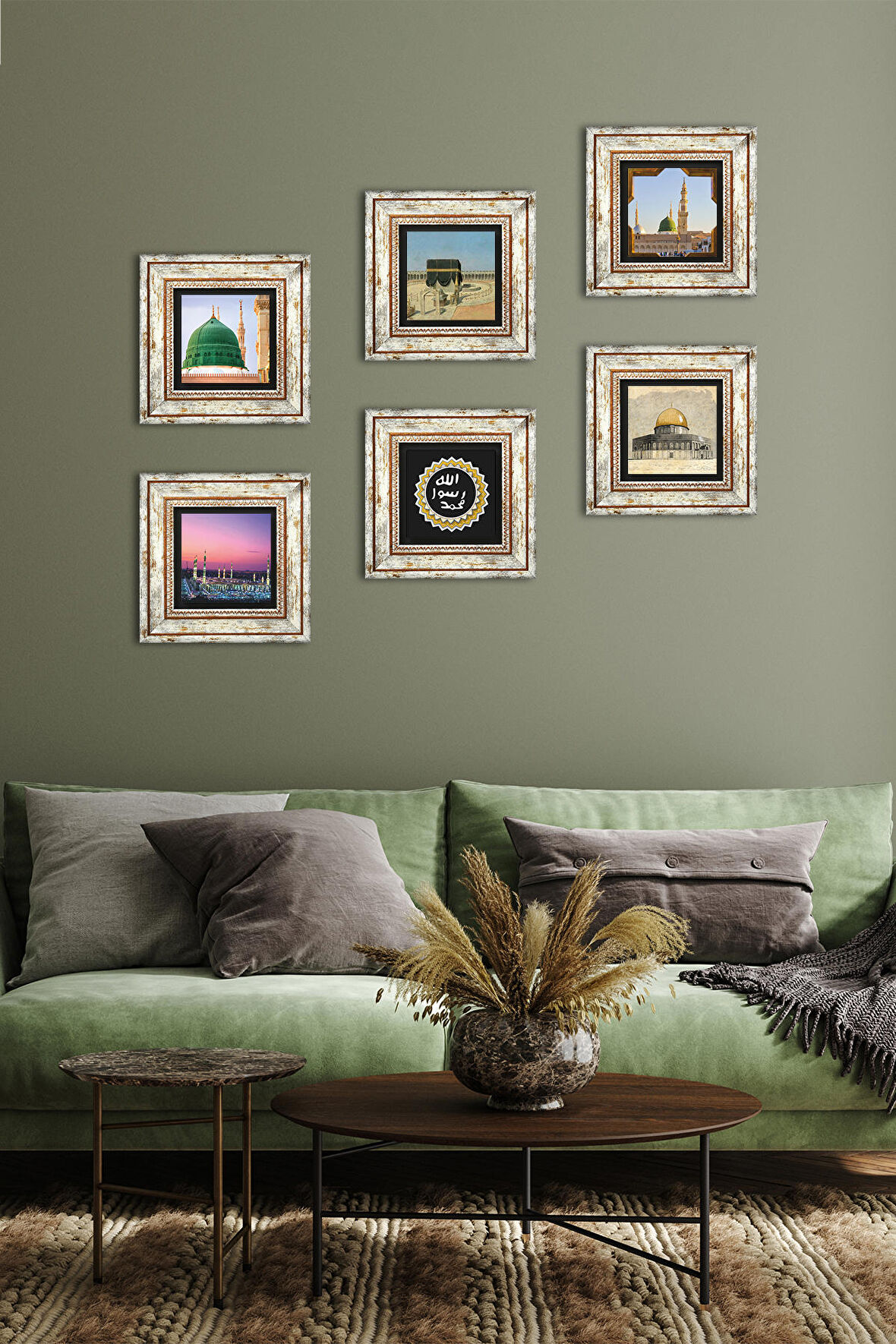 Kabe-i Muazzama, Mescid-i Aksa, Ravza-i Mutahhara, Mührü Şerif Taş Duvar Tablosu Çerçeveli Duvar Dekoru 6 Parça Tablo Seti Wall Art